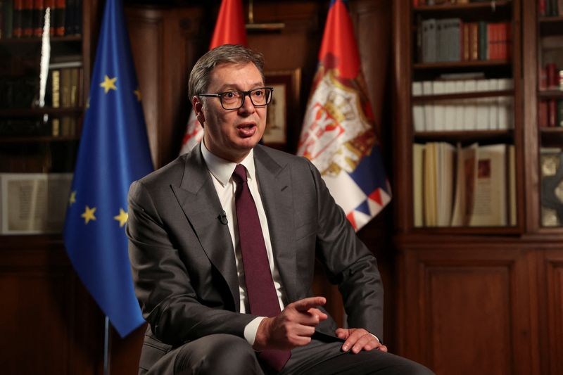 &copy; Reuters. Serbian President Aleksandar Vucic speaks during an interview with Reuters in Belgrade, Serbia, September 28, 2023. REUTERS/Zorana Jevtic