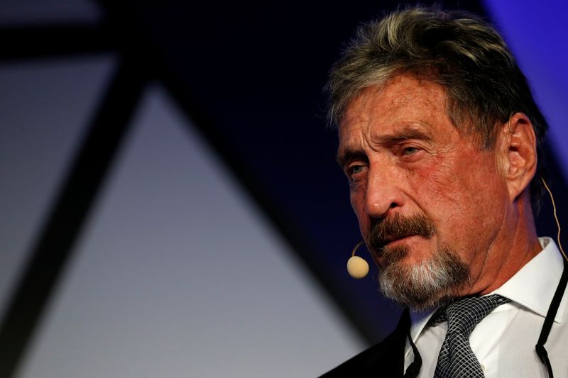 &copy; Reuters. John McAfee, co-founder of McAfee Crypto Team and CEO of Luxcore and founder of McAfee Antivirus, speaks at the Malta Blockchain Summit in St Julian's, Malta November 1, 2018. REUTERS/Darrin Zammit Lupi/File Photo