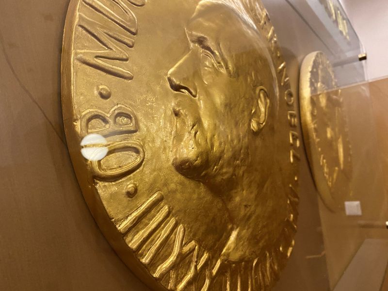 &copy; Reuters. نموذج لميدالية جائزة نوبل معروضة داخل مؤسسة نوبل النرويجية في أوسلو بصورة من أرشيف رويترز.