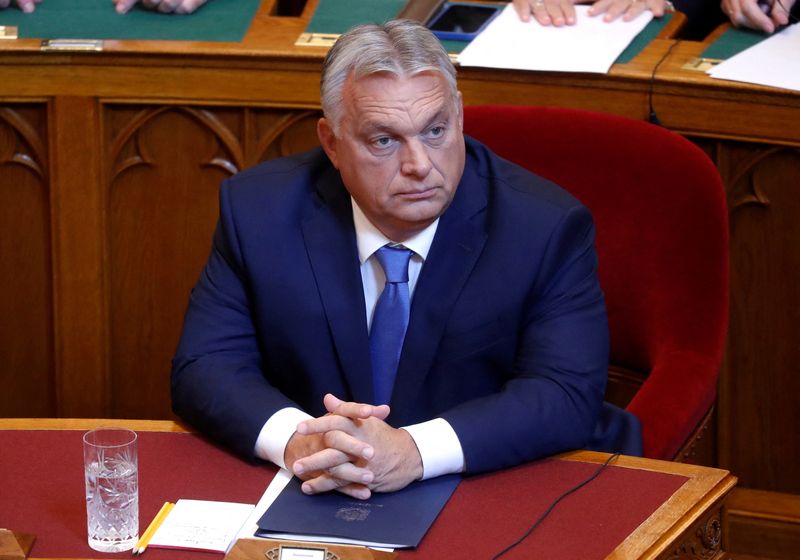 &copy; Reuters. Primeiro-ministro da Hungria, Viktor Orbán, durante sessão do Parlamento, em Budapeste
25/09/2023
REUTERS/Bernadett Szabo