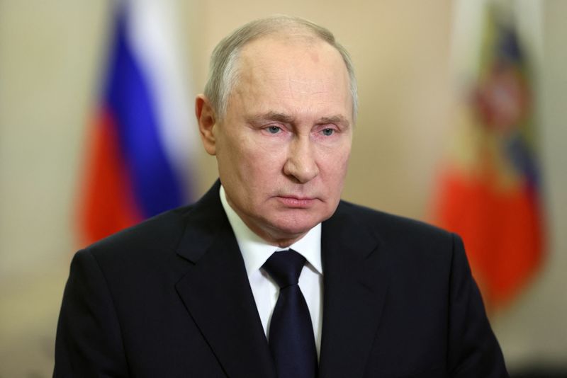 &copy; Reuters. الرئيس الروسي فلاديمير بوتين يلقي خطاب مصور في موسكو يوم السبت بمناسبة الذكرى السنوية الأولى لإعلان روسيا عن ضم أربعة مناطق من أوكرانيا. صو