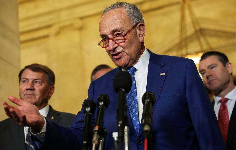 &copy; Reuters. FILE PHOTO: U.S. Senate Majority Leader Chuck Schumer (D-NY) addresses a press conference during a break in a bipartisan Artificial Intelligence (AI) Insight Forum for all U.S. senators at the U.S. Capitol in Washington, U.S., September 13, 2023. REUTERS/