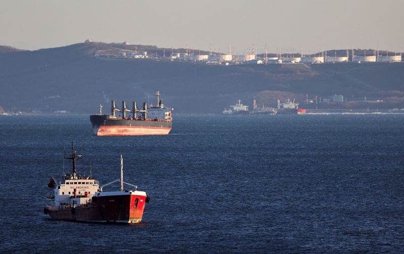 &copy; Reuters. The oil products tanker Nord and a bulk carrier sail near the crude oil terminal Kozmino in Nakhodka Bay near the port city of Nakhodka, Russia, December 4, 2022. REUTERS/Tatiana Meel/File Photo