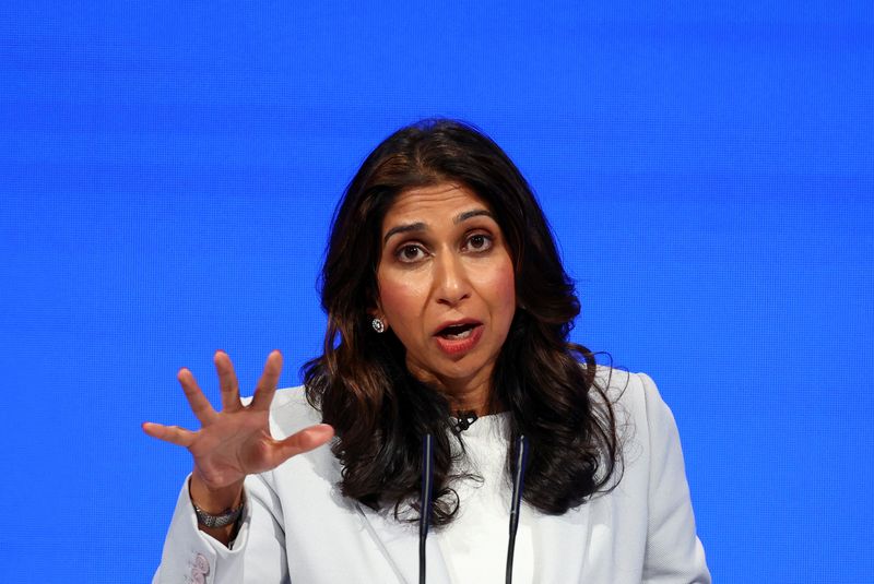 &copy; Reuters. Britain's Home Secretary Suella Braverman speaks on stage at Britain's Conservative Party's annual conference in Manchester, Britain, October 3, 2023. REUTERS/Hannah McKay
