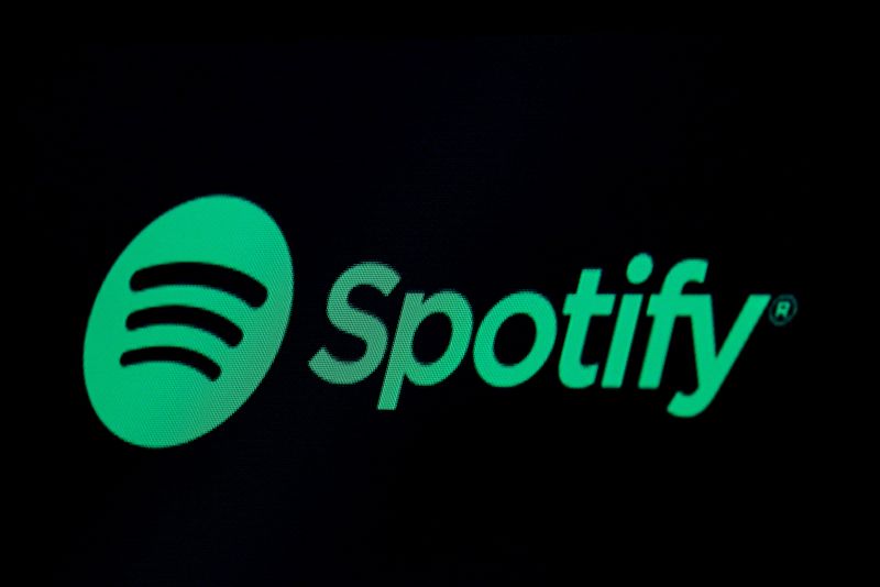 &copy; Reuters. FILE PHOTO: The Spotify logo is displayed on a screen on the floor of the New York Stock Exchange (NYSE) in New York, U.S., May 3, 2018. REUTERS/Brendan McDermid/File Photo