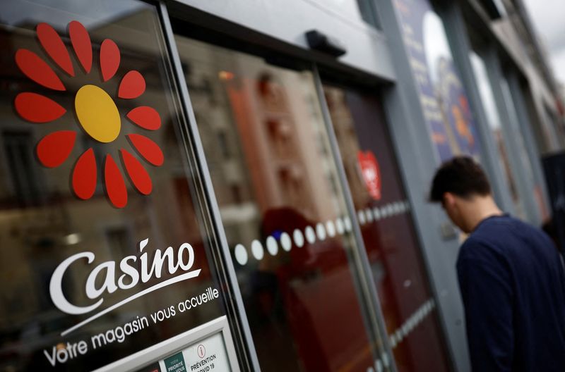 &copy; Reuters. A logo of French retailer Casino is pictured outside a Casino supermarket in Nantes, France, May 10, 2023. REUTERS/Stephane Mahe