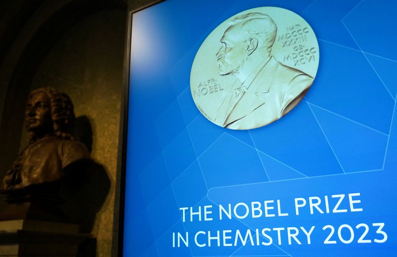 &copy; Reuters. A view of a screen inside the Royal Swedish Academy of Sciences, where the Nobel Prize in Chemistry is announced, in Stockholm, Sweden, October 4, 2023. REUTERS/Tom Little