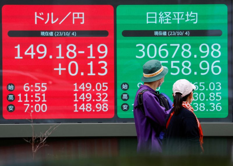 &copy; Reuters. FOTO DE ARCHIVO: Un hombre mira un monitor eléctrico que muestra el tipo de cambio del yen japonés frente al dólar estadounidense y la media de acciones Nikkei en el exterior de una agencia de valores en Tokio, Japón, el 4 de octubre de 2023. REUTERS/
