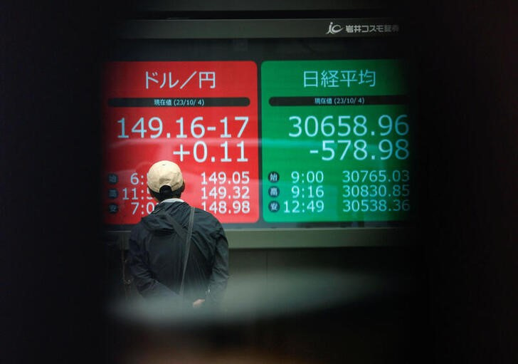 &copy; Reuters. Una persona mira una pantalla electrónica con la tasa de cambio del yen frente al dólar y el índice bursátil Nikkei en una correduría de Tokio, Japón. 4 octubre 2023. REUTERS/Issei Kato