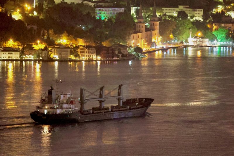 &copy; Reuters. FOTO DE ARCHIVO. El carguero Aroyat, que transporta granos de Ucrania, transita por el río Bósforo en Estambul, Turquía, el 24 de septiembre de 2023. REUTERS/Yoruk Isik