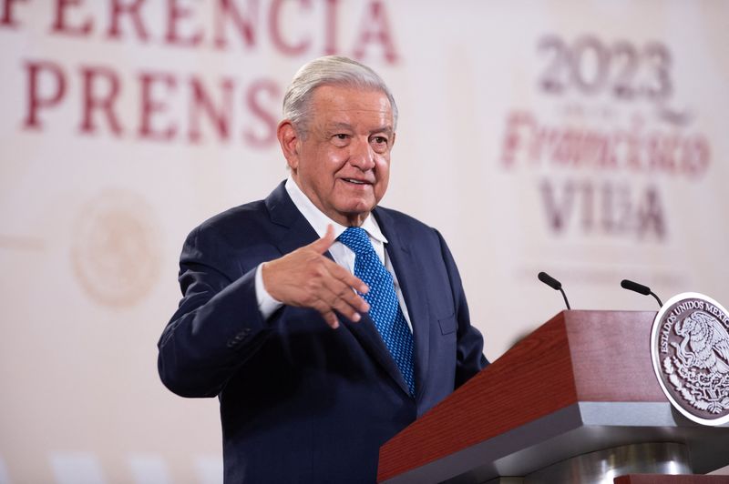 &copy; Reuters. Mexican President Andres Manuel Lopez Obrador speaks during a news conference in which he panned U.S. military spending on Ukraine as "irrational" stepping up criticism of the war effort as he urged Washington to devote more resources to helping Latin Ame