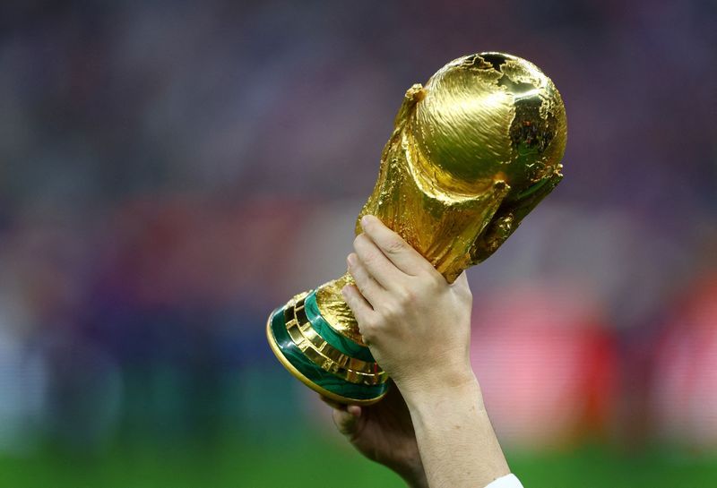 © Reuters. كأس العالم أثناء رفعها في نهائيات قطر 2022 باستاد لوسيل بالعاصمة القطرية الدوحة في 18 ديسمبر كانون الأول 2022. تصوير: هانا ماكاي - رويترز.  