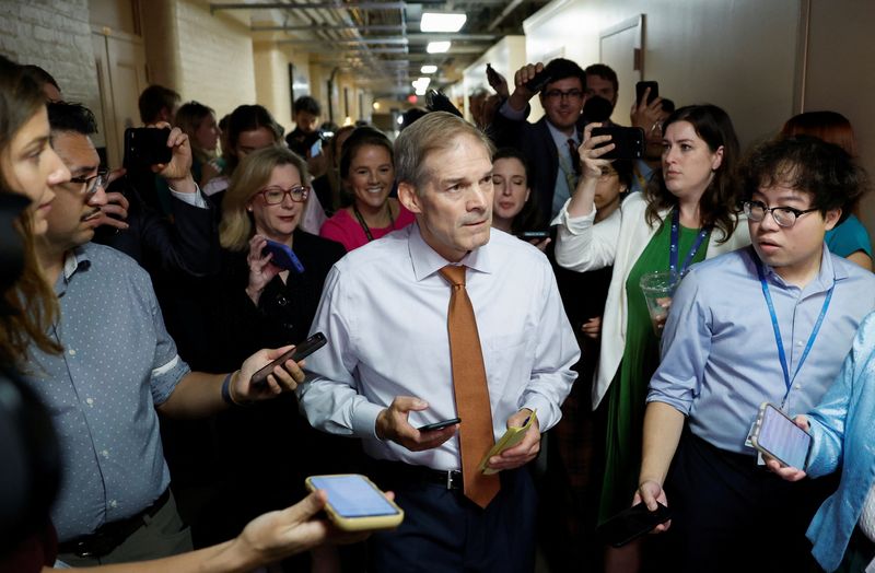 © Reuters. House Judiciary Committee Chairman Rep. Jim Jordan (R-OH), a prime contender in the race to be the next Speaker of the U.S. House of Representatives, arrives for a meeting with the Texas Republican House delegation the morning after former Speaker of the House Kevin McCarthy (R-CA) was ousted from the position of Speaker by a House vote, at the U.S. Capitol in Washington, U.S. October 4, 2023. REUTERS/Evelyn Hockstein