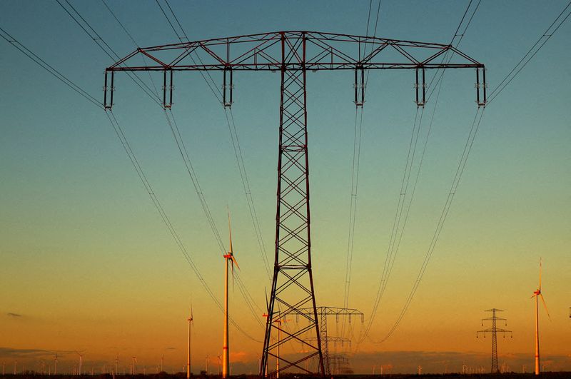 &copy; Reuters. Des pylônes électriques avec des lignes électriques à haute tension sont visibles à côté des éoliennes près de Weselitz, en Allemagne. /Photo prise le 18 novembre 2022/REUTERS/Lisi Niesner