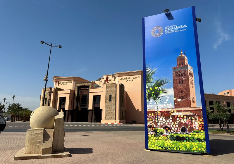 &copy; Reuters. A view of an advertising billboard for the upcoming annual meetings of the International Monetary Fund and the World Bank, following last month's deadly earthquake, near the Palais des Congres in Marrakech, Morocco October 1, 2023. REUTERS/Abdelhak Balhak