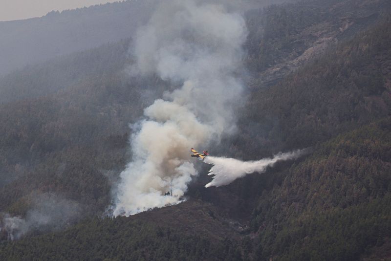 &copy; Reuters. FILE PHOTO: A firefighter plane discharges water over Guimar, as wildfires rage out of control on the island of Tenerife, Canary Islands, Spain August 22, 2023. REUTERS/Nacho Doce/File Photo