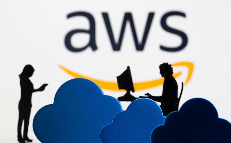 &copy; Reuters. Nuvole e figurine stampate in 3D davanti al logo del servizio cloud AWS (Amazon Web Service) in questa illustrazione dell'8 febbraio 2022. REUTERS/Dado Ruvic/Illustrazione