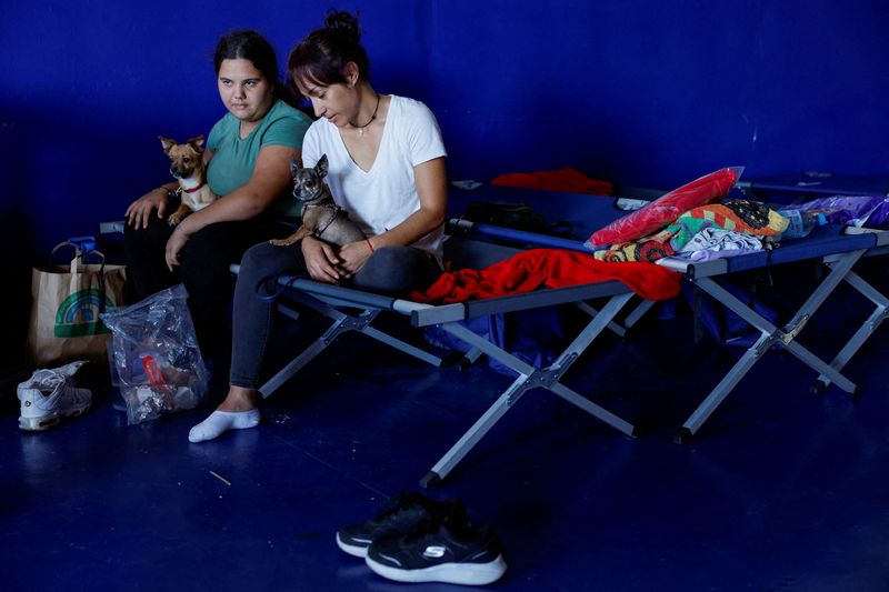 © Reuters. Davinia Alvarez, 13, and her mother Luz Marina Arbelo, 41, sit inside a sports pavilion with their dogs after being evacuated from the town of La Corujera on the island of Tenerife, in Santa Ursula, Spain, October 5, 2023. REUTERS/Borja Suarez