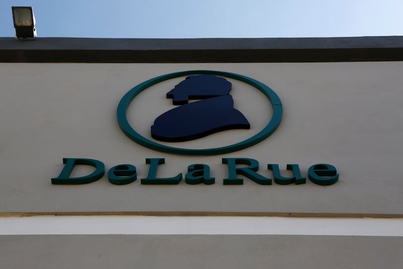 &copy; Reuters. FILE PHOTO: The corporate logo of De La Rue is seen at De La Rue Malta at Bulebel Industrial Estate in Zejtun, Malta April 24, 2018. REUTERS/Darrin Zammit Lupi/File Photo