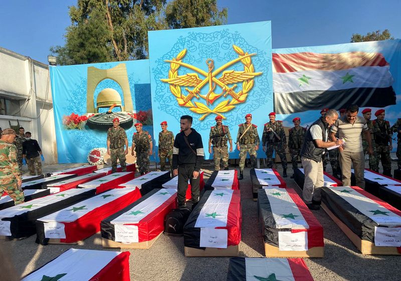 &copy; Reuters. Coffins carrying the bodies of some of the people who were killed on Thursday in drone attack on a military academy, lie on the ground outside a military hospital during the funeral in Homs, Syria October 6, 2023. REUTERS/Firas Makdesi