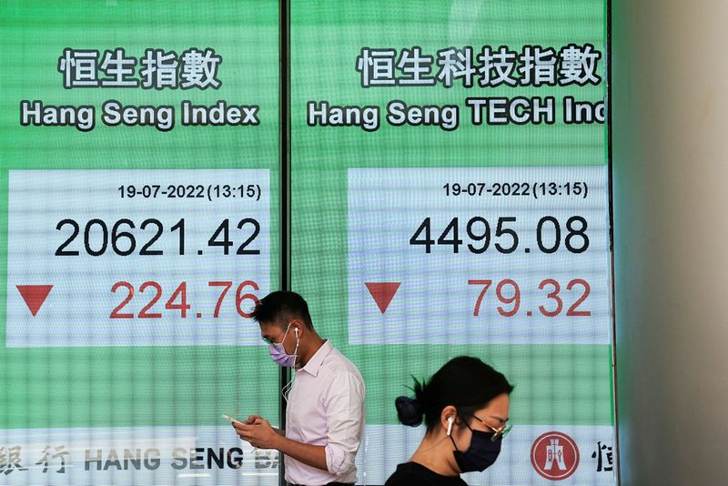 &copy; Reuters. Telão mostra cotação do índice Hang Seng em Hong Kong
19/07/2022. REUTERS/Lam Yik