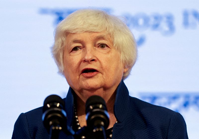 &copy; Reuters. Janet Yellen s'exprimant durant une conférence en Inde. /Photo prise le 16 juillet 2023/REUTERS/Amit Dave