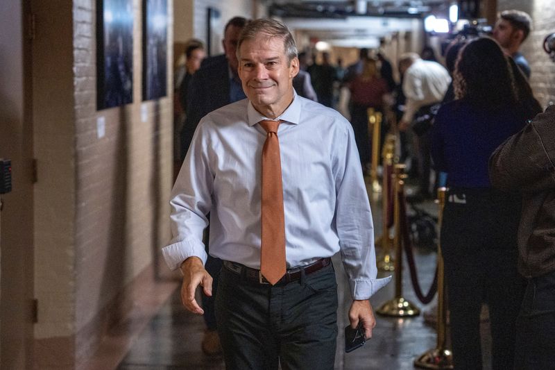 © Reuters. FILE PHOTO: U.S. Rep. Jim Jordan (R-OH) arrives for Republican caucus meetings as the deadline to avert a partial government shutdown approaches on Capitol Hill in Washington, U.S., September 30, 2023. REUTERS/Ken Cedeno/File photo