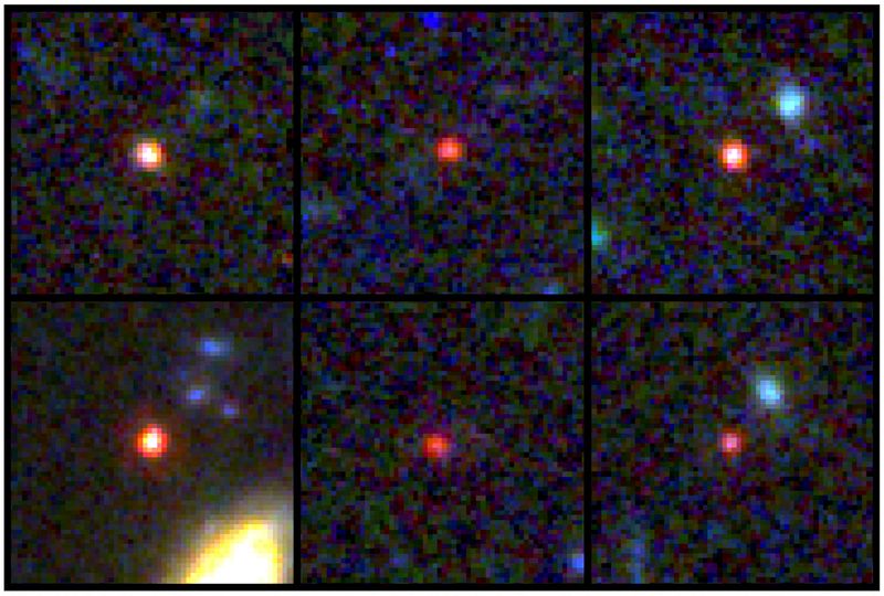 &copy; Reuters. Images of six candidate massive galaxies, seen 540 million to 770 million years after the Big Bang, are shown in this undated handout image based on observations by NASA's James Webb Space Telescope, as one of them (bottom left) could contain as many star