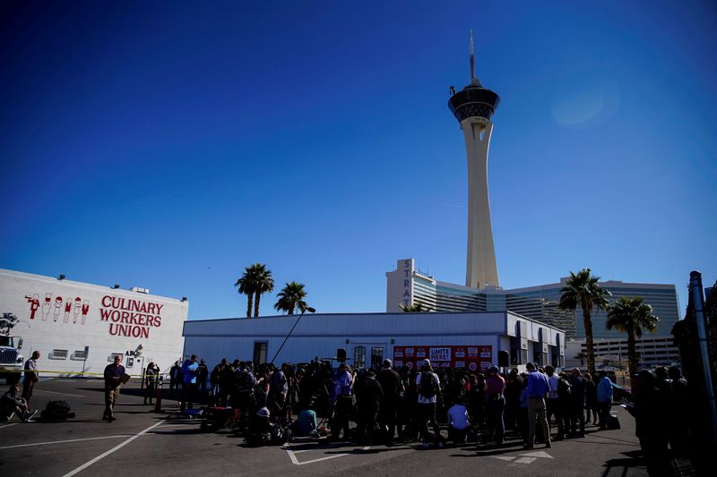 &copy; Reuters. FILE PHOTO: A press conference as members of the Culinary Workers Union Local 226 ahead of 2020 presidential election in Las Vegas, Nevada, U.S., February 13, 2020. REUTERS/Eric Thayer/File Photo