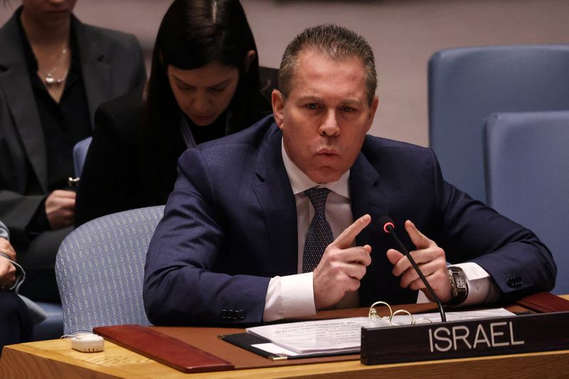 &copy; Reuters. سفير إسرائيل لدى الأمم المتحدة جلعاد إردان خلال جلسة للأمم المتحدة في مقر الأمم المتحدة في نيويورك يوم 20 فبراير شباط 2023. تصوير: مايك سيجار - ر