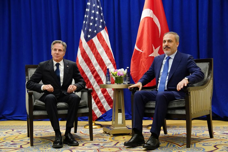 &copy; Reuters. وزير الخارجية الأمريكي أنتوني بلينكن مع نظيرة التركي هاكان فيدان في نيويورك يوم 22 سبتمبر أيلول 2023. صورة لرويترز من ممثل لوكالات الأنباء.
