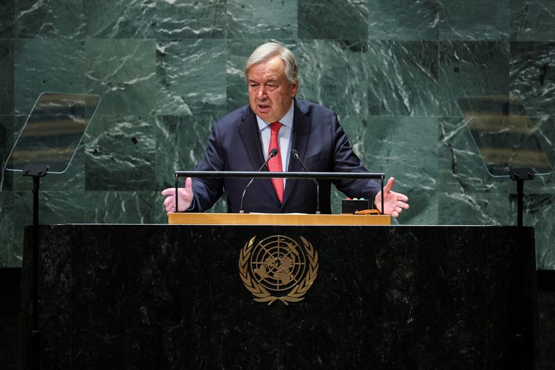 &copy; Reuters. الأمين العام للأمم المتحدة أنطونيو جوتيريش يلقي خطابا أمام الجمعية العامة للأمم المتحدة في نيويورك يوم 19 سبتمبر أيلول 2023. تصوير: مايك سيجار 