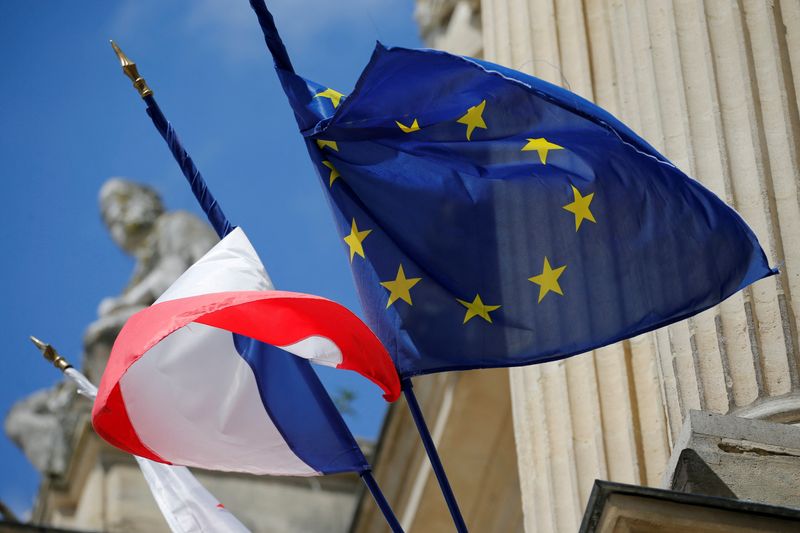 &copy; Reuters. FILE PHOTO: French and European flags fly on the facade of city hall in Amiens, France, May 16, 2019. Picture taken May 16, 2019.  REUTERS/Pascal Rossignol/File Photo