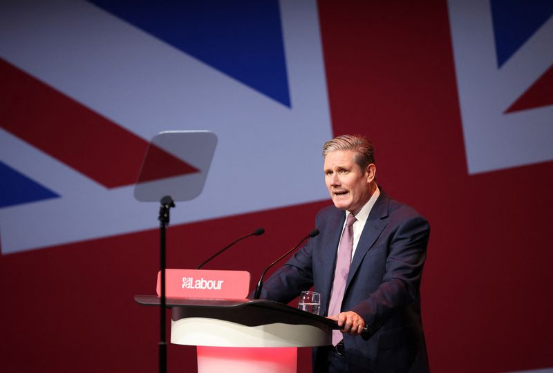 &copy; Reuters. Britain's Labour Party Leader Keir Starmer addresses the start of the National Annual Women's Conference, ahead of the start of Britain's Labour Party annual conference, in Liverpool, Britain, October 7, 2023. REUTERS/Phil Noble