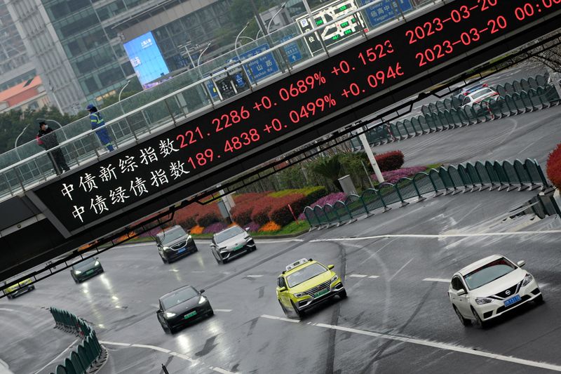 &copy; Reuters. FILE PHOTO: FILE PHOTO: An electronic board shows stock indexes at the Lujiazui financial district in Shanghai, China, March 21, 2023. REUTERS/Aly Song/File Photo/File Photo