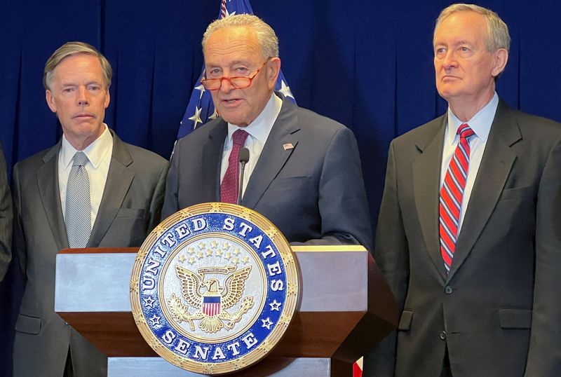 &copy; Reuters. U.S. Senate Majority Leader Chuck Schumer (D-NY) speaks during a news conference in Beijing, China October 9, 2023. REUTERS/Yew Lun Tian