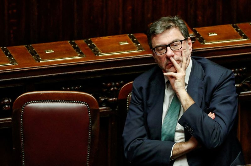 &copy; Reuters. FILE PHOTO: Italian Economy Minister Giancarlo Giorgetti looks on during a confidence vote over the 2023 budget at the lower house of the parliament, in Rome, Italy December 23, 2022. REUTERS/Remo Casilli/File Photo