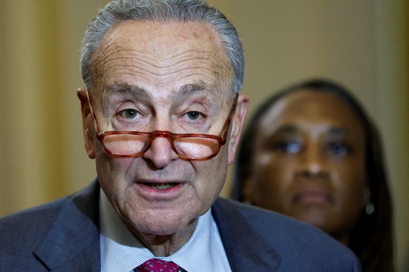 &copy; Reuters. U.S. Senate Majority Leader Chuck Schumer (D-NY), joined by Senator Laphonza Butler (D-CA), speaks to reporters after the weekly Senate caucus lunches at the U.S. Capitol in Washington, U.S. October 4, 2023. REUTERS/Jonathan Ernst/File Photo