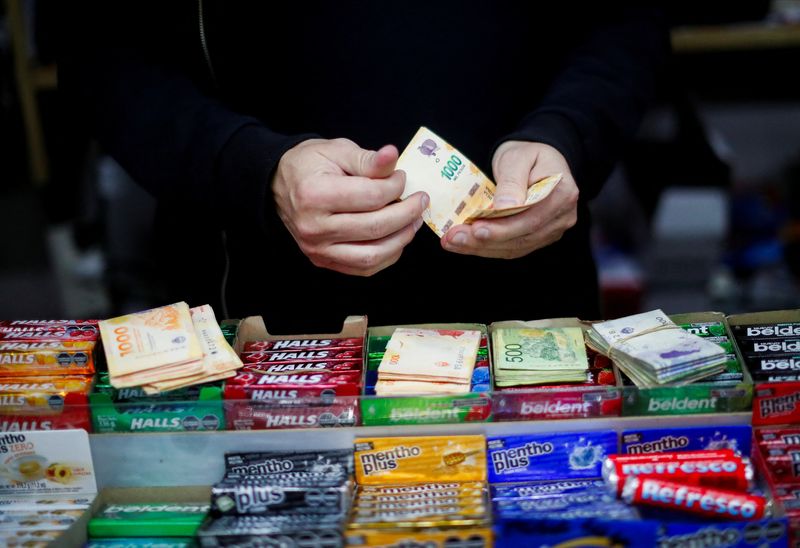 © Reuters. Convenience store owner Ernesto Acuna, 50, counts Argentine peso bills in his store after the government devalued the peso, following Argentina's primary elections, in Buenos Aires, Argentina August 17, 2023. REUTERS/Agustin Marcarian/File photo