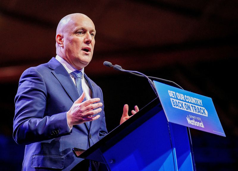 &copy; Reuters. FILE PHOTO: Christopher Luxon, Leader of the National Party, speaks at the New Zealand National Party’s election campaign launch in Auckland, New Zealand, September 3, 2023. REUTERS/David Rowland/File Photo