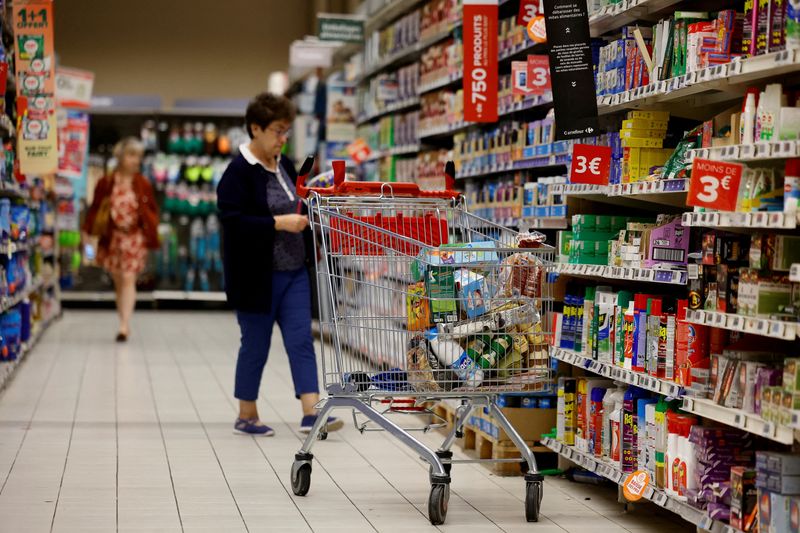 &copy; Reuters. FILE PHOTO: A shopping trolley is seen as customers shop at a Carrefour supermarket in Montesson near Paris, France, September 13, 2023. REUTERS/Sarah Meyssonnier/File Photo