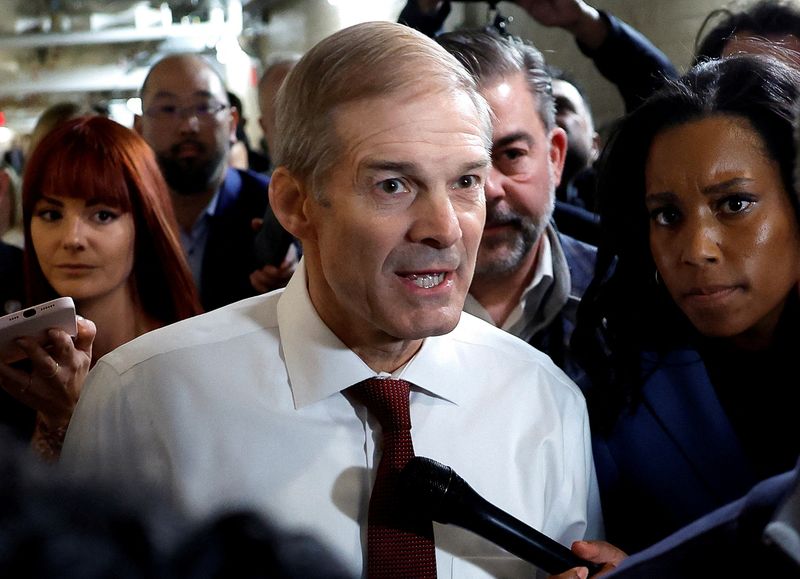 &copy; Reuters. U.S. Representative Jim Jordan (R-OH), who is vying for the position of Speaker of the House, walks to a House Republican Conference meeting as Republicans work towards electing a new Speaker of the House on Capitol Hill in Washington, U.S., October 9, 20