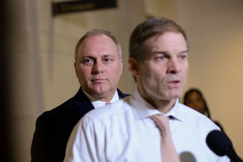 &copy; Reuters. FILE PHOTO: Rep. Steve Scalise (R-LA) and Rep. Jim Jordan (R-OH) speak to reporters on Capitol Hill in Washington, U.S., October 29, 2019. REUTERS/Erin Scott/File Photo