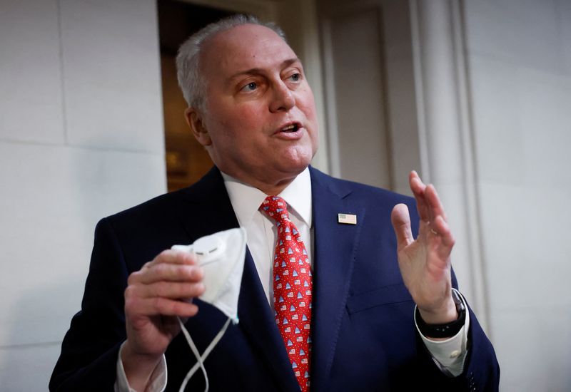 &copy; Reuters. U.S. House Majority Leader Steve Scalise (R-LA) speaks as he walks to a candidate forum at the Longworth House office building, after Kevin McCarthy was ousted as Speaker of the House, at the U.S. Capitol in Washington, D.C., U.S., October 10, 2023. REUTE