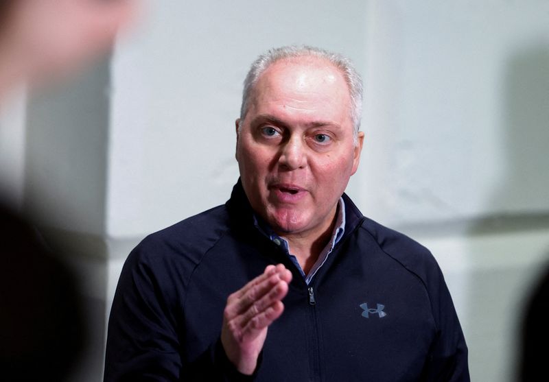 &copy; Reuters. FILE PHOTO: U.S. House Majority Leader Steve Scalise (R-LA), who is vying for the position of Speaker of the House, speaks to members of the media as he leaves a House Republican Conference meeting as Republicans work towards electing a new Speaker of the