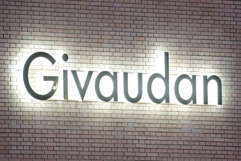 &copy; Reuters. FILE PHOTO: The logo of Swiss flavours and fragrances maker Givaudan is seen at its innovation center in Kemptthal, Switzerland January 10, 2020.            REUTERS/Arnd Wiegmann/File Photo