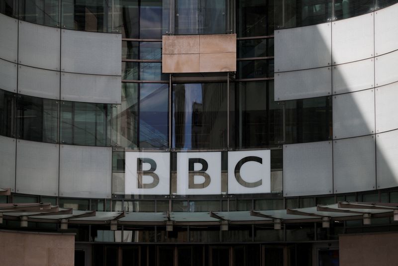 &copy; Reuters. FILE PHOTO: The BBC logo is displayed above the entrance to the BBC headquarters in London, Britain, July 10, 2023. REUTERS/Hollie Adams/File Photo