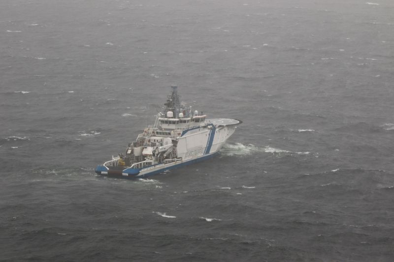 &copy; Reuters. FILE PHOTO: The picture provided by The Finnish Border Guard shows Finnish Border Guard's offshore patrol vessel Turva guarding on October 11, 2023 at sea near the place where damaged Balticconnector gas pipeline is pinpointed at the Gulf of Finland. Leht