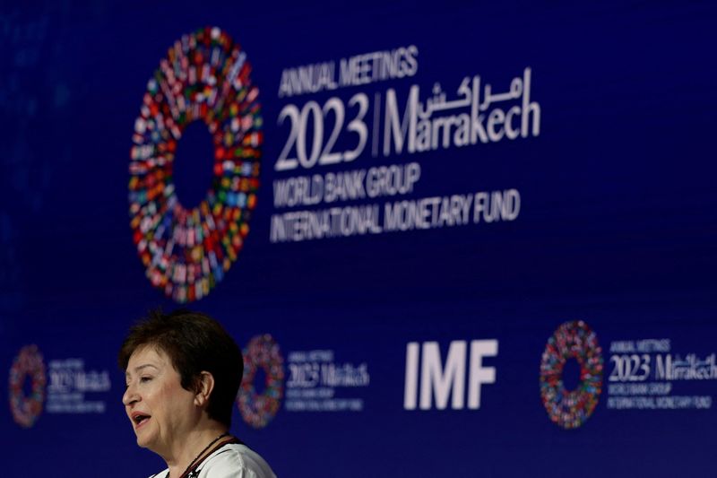 &copy; Reuters. Managing Director of the International Monetary Fund (IMF), Kristalina Georgieva, addresses the media on the fourth day of the annual meeting of the IMF and the World Bank, following last month's deadly earthquake, in Marrakech, Morocco, October 12, 2023.