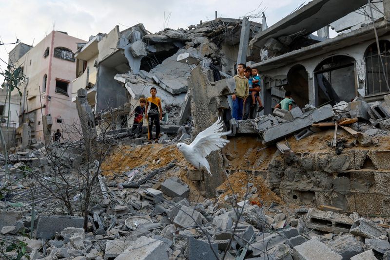 © Reuters. Una paloma sobrevuela los escombros de las casas destruidas por los ataques israelíes, en Khan Younis, en el sur de la Franja de Gaza. 11 de octubre de 2023. REUTERS/Ibraheem Abu Mustafa       
